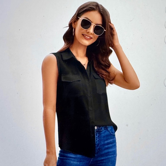 Forever 21 Sleeveless Black Sheer Button-Up Blouse with Collar Women’s Size XL - Picture 2 of 9